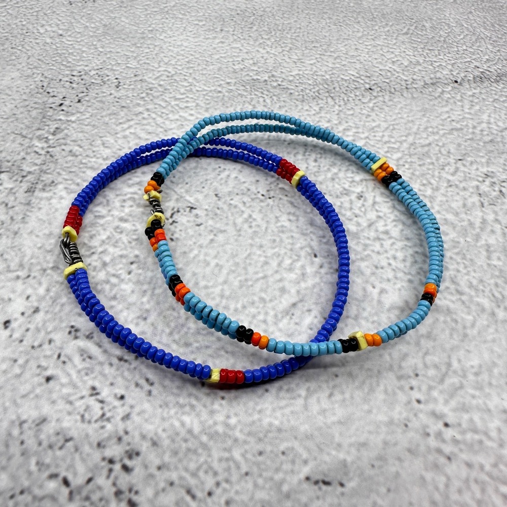 Set of 2 Double Strand Seed Bead Bracelets Blue Turquoise Tone Festival Vintage